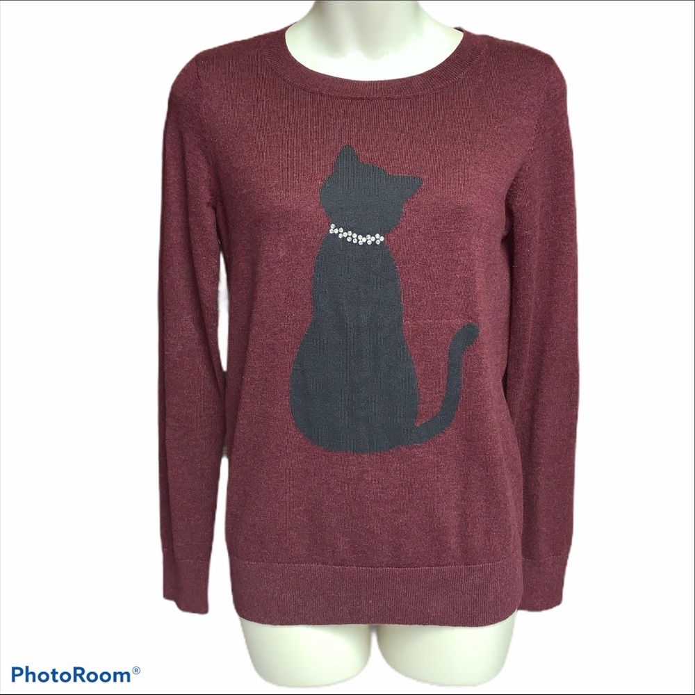 Loft burgundy cat sweater size xxs Meow!!!